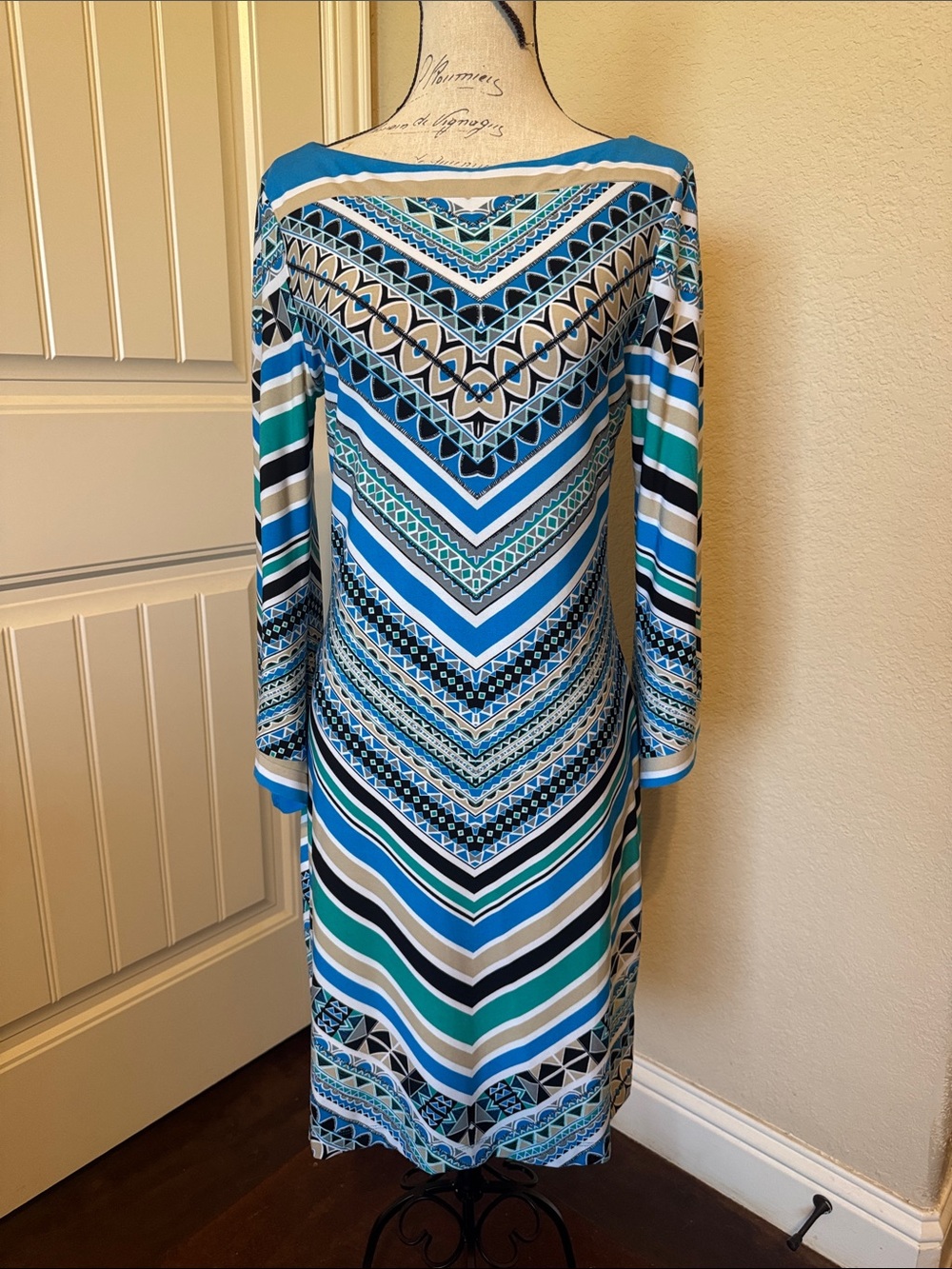 Beige by eci Blue & Teal Geometric-Print Long Sleeve Dress